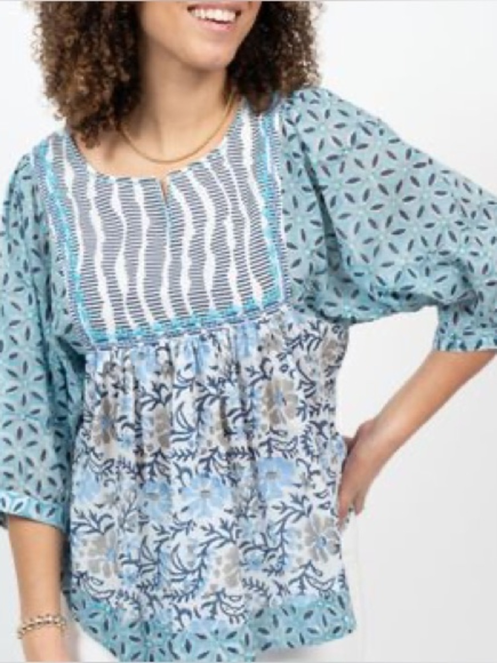ivy jane Blue Teal Mixed-Print Boho Tunic